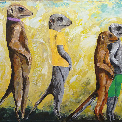 A limited edition giclee print of five meerkats on a yellow background on archival fine art paper. The image has captured the expressions of meerkats perfectly and the hint of clothing adds subtle humour and vibrant colour.
