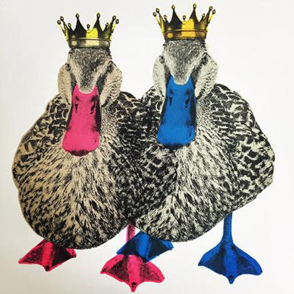 This is a unique hand pulled screen print. A larger piece which depicts 2 ducks overlapping each other; one with a blue beak and feet the other with pink. This regal couple are wearing gold crowns and the piece definitely has a comically feel and would make a great piece for fun loving couples.