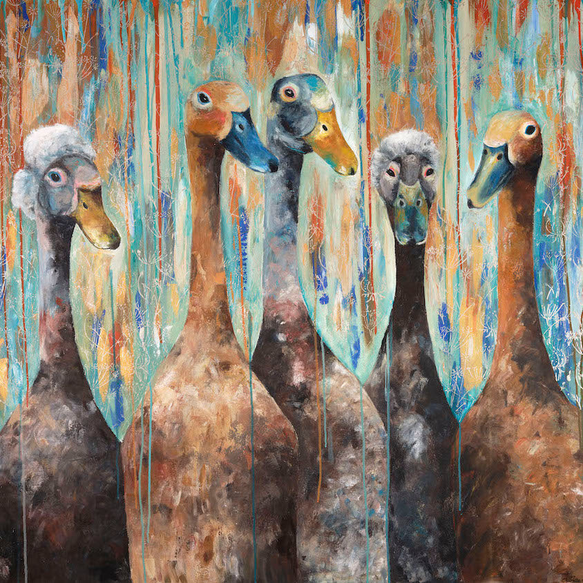 Top of the lake is also a  new release print and part of my collection of pieces I create for the Affordable Art fair in 2021. It depicts 5 runner ducks, 2 with tufty head feathers and was painted using a muted soft palette of blues and browns. 
