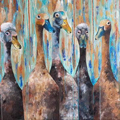 Top of the lake is also a  new release print and part of my collection of pieces I create for the Affordable Art fair in 2021. It depicts 5 runner ducks, 2 with tufty head feathers and was painted using a muted soft palette of blues and browns.