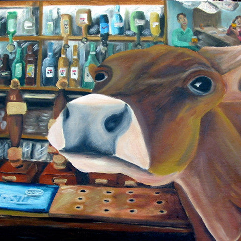 A photographic print of a cow appearing in front of a bar.