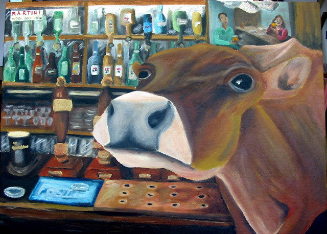 A photographic print of a cow appearing in front of a bar.