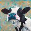 A limited edition giclee print of a friesian cow on a turquoise and gold background on archival fine art paper.