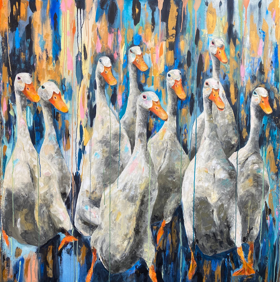 Band on the run holds the record for the most Indian runner ducks on a single canvas. I absolutely loved creating this piece and there will definitely be more to come.      Original Painting 150w x150h cm.