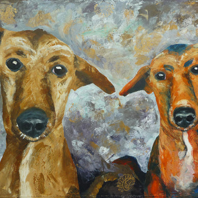 A limited edition giclee print of two dogs. They are beach dogs from Goa but what makes this is a great piece is that it just has a generic 'dog' feel about it, rather than being too specific to breed.