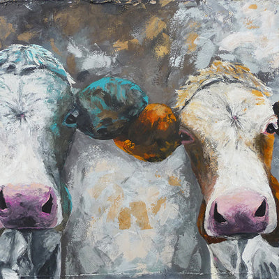 A limited edition giclee print of two cows called Bonnie and Clyde. It is a great couples piece inspired by a legendary love affair.