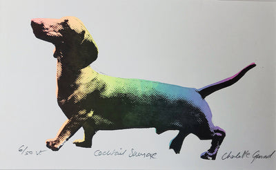 A hand pulled screen print called Cocktail Sausage. The print has an ombre rainbow effect with a bold halftone overprint. This is my smallest screenprint to date and comes as 20x30cm unmounted or 11x14 inches mounted. It can be framed or unframed.