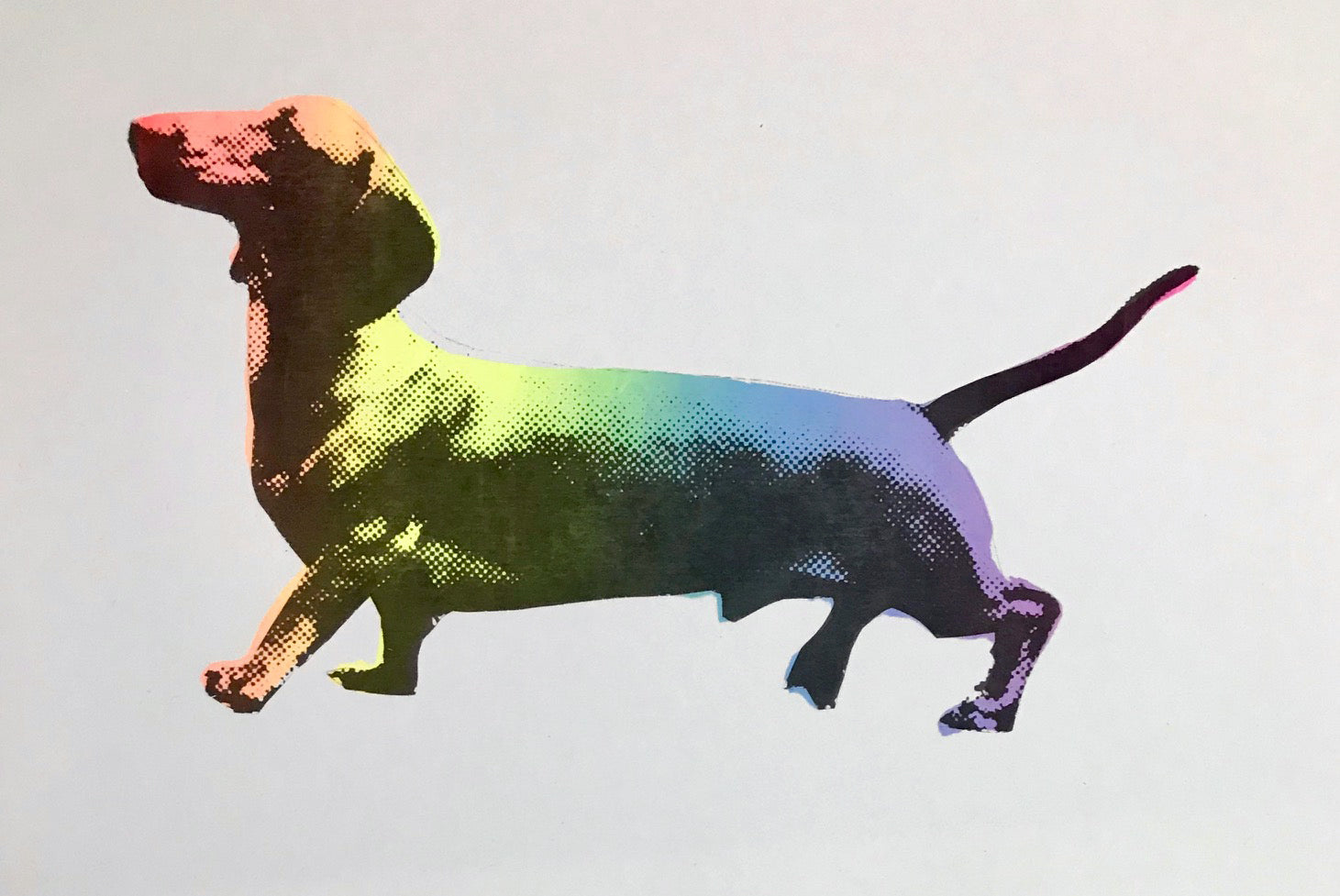 A hand pulled screen print called Cocktail Sausage. The print  has and ombre rainbow effect with a bold halftone overprint. This is one of my smallest screenprints to date and is 20x25cm unframed.