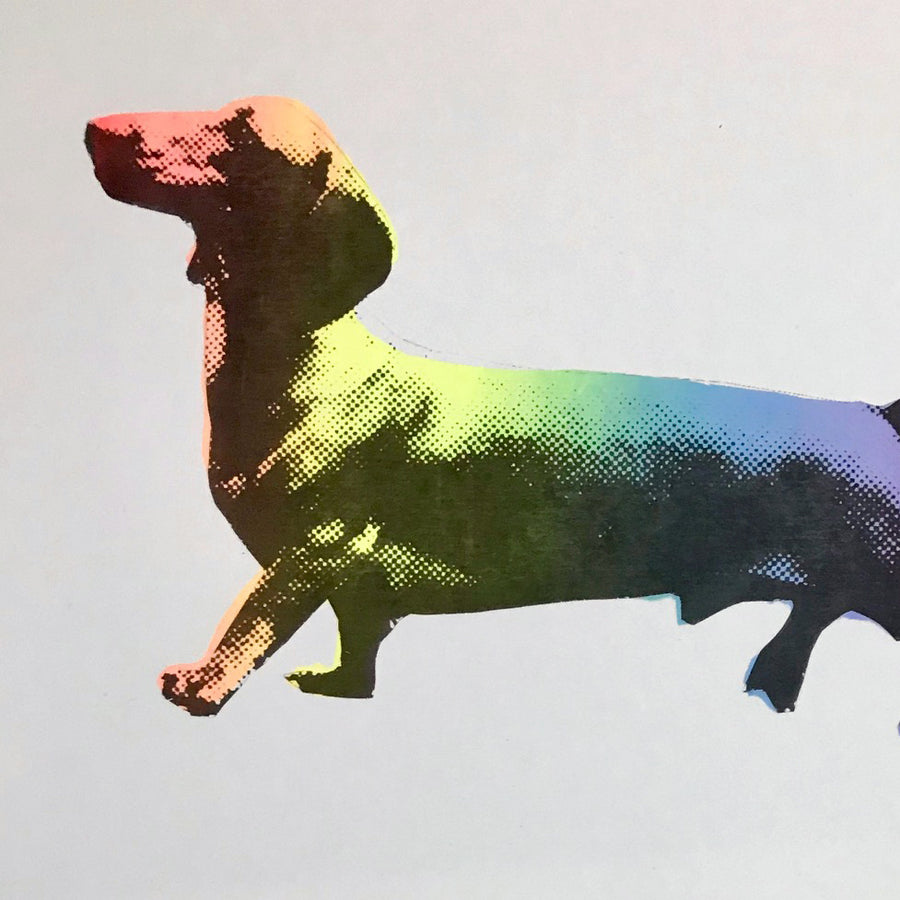 A hand pulled screen print called Cocktail Sausage. The print  has and ombre rainbow effect with a bold halftone overprint. This is one of my smallest screenprints to date and is 20x25cm unframed. 