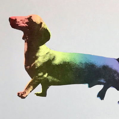 A hand pulled screen print called Cocktail Sausage. The print has an ombre rainbow effect with a bold halftone overprint. This is my smallest screenprint to date and comes as 20x30cm unmounted or 11x14 inches mounted. It can be framed or unframed.