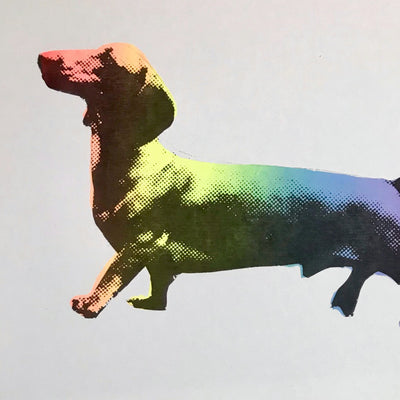 A hand pulled screen print called Cocktail Sausage. The print has an ombre rainbow effect with a bold halftone overprint. This is a small screenprint and is 25x30cm unframed or 11x14 inches mounted or mounted and framed