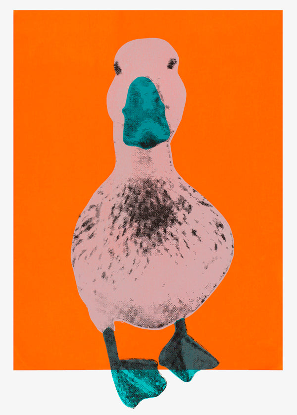 This is a unique hand pulled screen print. Edition of 50  Duck a l'orange features a cute duck on a vibrant orange background with a teal beak and feet.