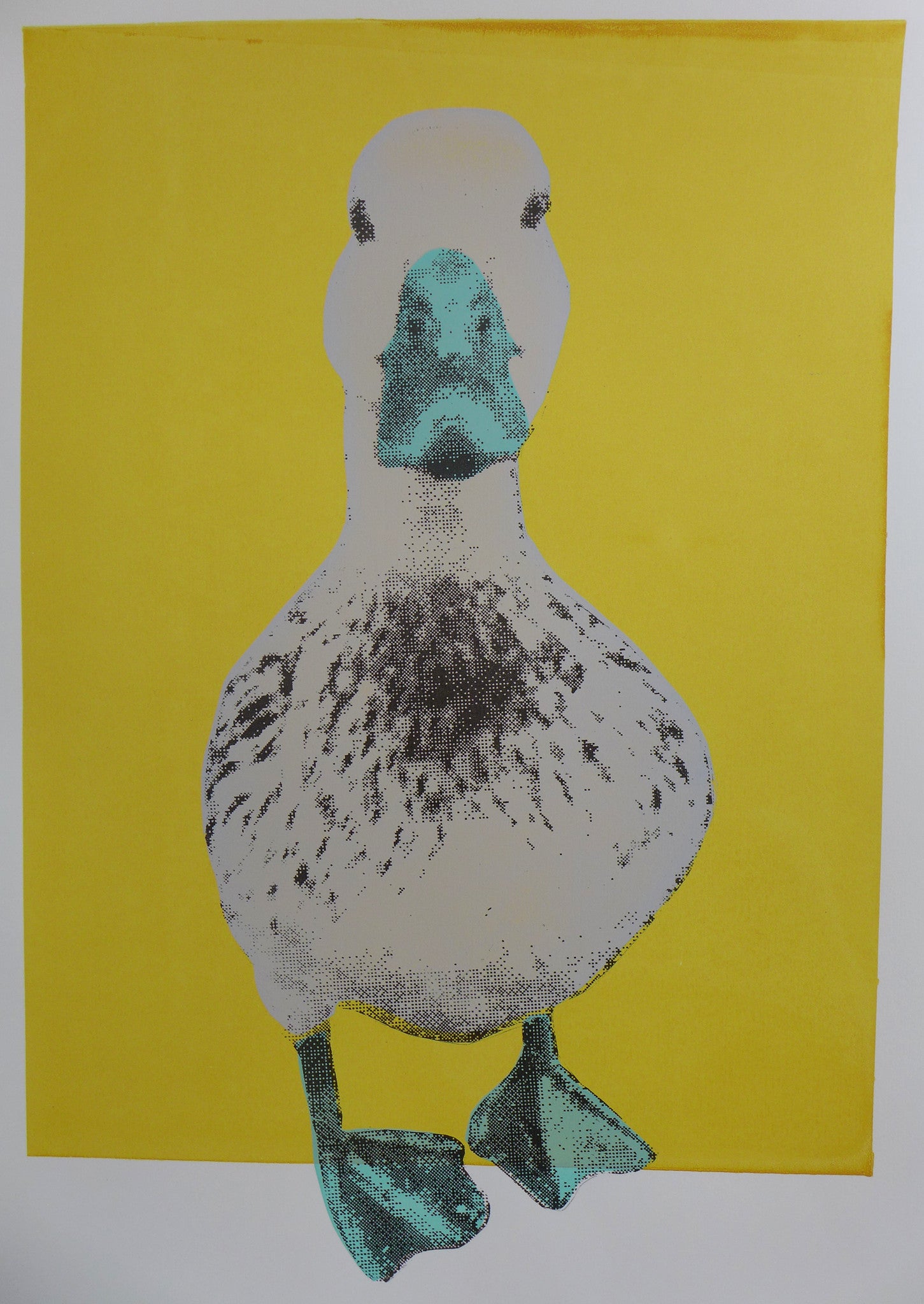 This is a unique one-off hand pulled screen print. A pale taupe duck with a lovely peppermint green beak sitting on a mustard background.