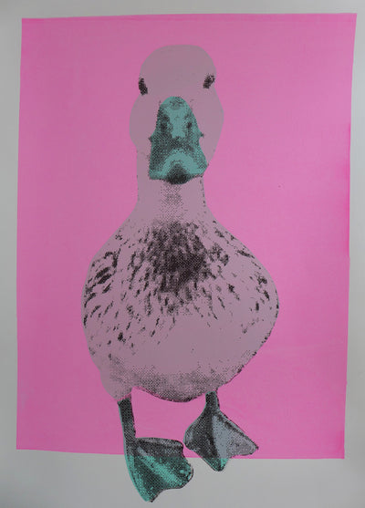 This is a unique one-off hand pulled screen print. A pale taupe duck with a lovely peppermint green beak.