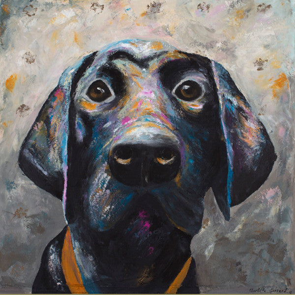 A limited edition giclee print of a black labrador on a neutral background with hints of many other colours thrown in. There is a little bird stamped through the background. Lots of character in this piece.