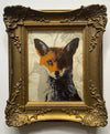 Foxy in dusty flowers  is a hand pulled screen print on wallpaper sample in a vintage gold frame.  I created work as part of my collection of upcycled artworks. Each print is hand pulled on a unique surface making each piece in the collection a 1/1.