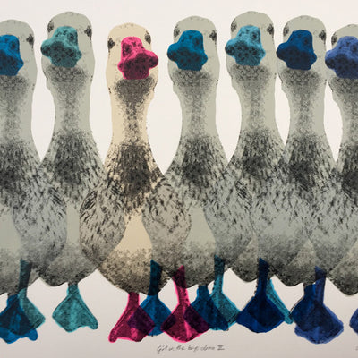 A hand pulled screen print called Girl in the boys dorm. The piece depicts six grey ducks of varying shades of blue beak and feet facing to the left with a contrasting cream duck with a hot pink beak and feet facing right.