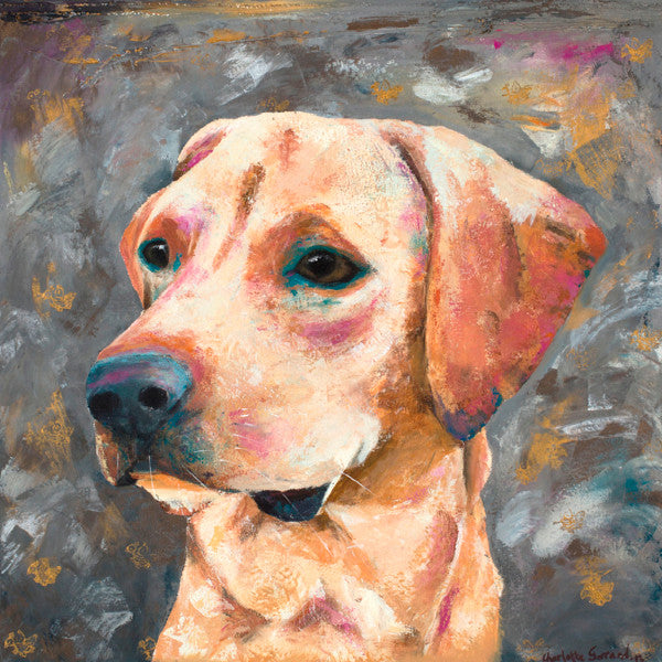 A limited edition giclee print of a beautiful golden labrador on a neutral background with hints of many other colours thrown in. There is a little bird stamped through the background.