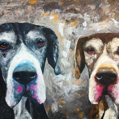 A limited edition giclee print of two Great Danes on archival fine art paper. The pink tones under the eyes and around the mouths of the dogs give this piece great character and vibrancy.