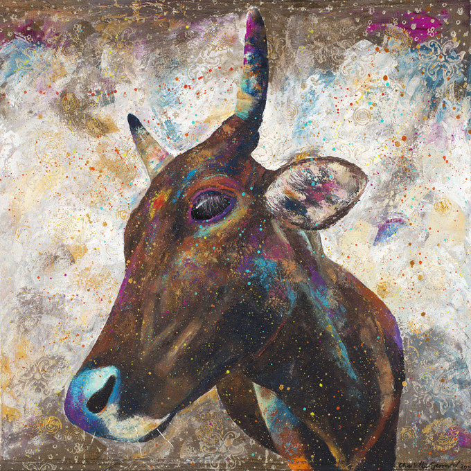 A limited edition giclee print of an Indian cow from the holy town of Gokhana. Hari is painted in profile in a setting of beautiful gold and multi coloured paint speckles. He has yellow and red powder adorned on his forehead; a sign that he has been blessed.