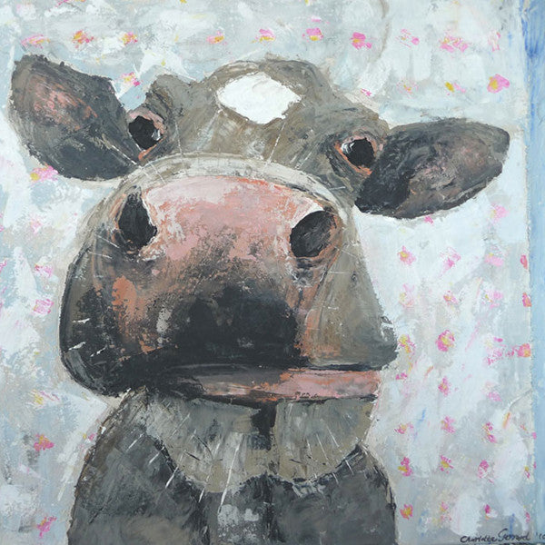 A limited edition giclee print on archival fine art paper.  Harriet is a grey cow on a pale blue background with a flocked floral wallpaper.