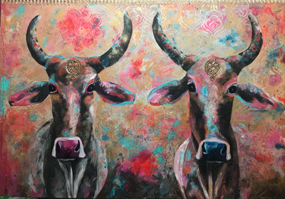 110x160cms  This beautiful piece was created in March 2020 after a day photographing some of the 4000 cows in a Gaushala just outside Jodphur in Rajasthan.  I have used some very lovely sari pieces bought from the bazaars in Jodphur and embellished with gold stencils and rangoli patterns.