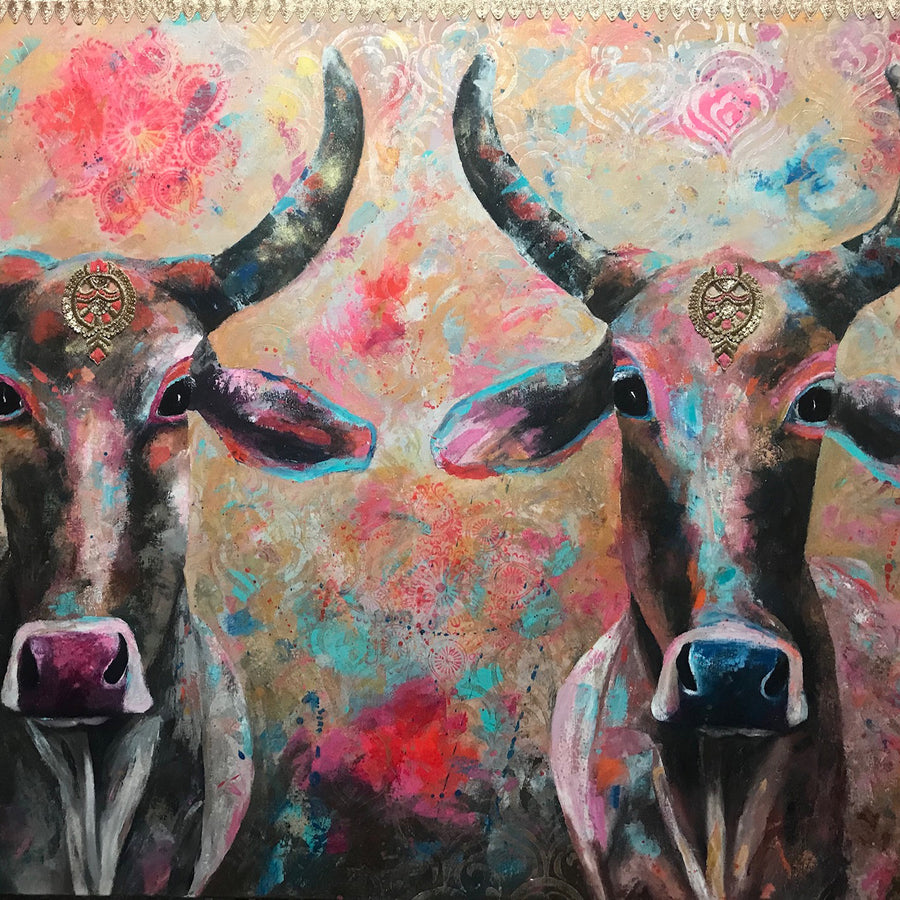 110x160cms  This beautiful piece was created in March 2020 after a day photographing some of the 4000 cows in a Gaushala just outside Jodphur in Rajasthan.  I have used some very lovely sari pieces bought from the bazaars in Jodphur and embellished with gold stencils and rangoli patterns.