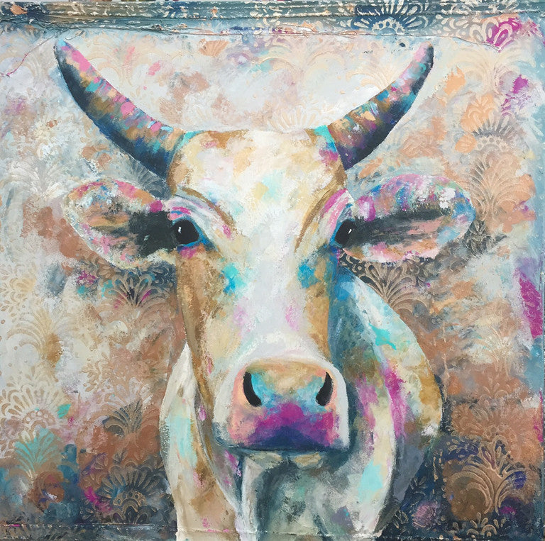 A limited edition giclee print of an Indian cow from the holy town of Gokhana. She is wearing a beautiful white cow with a very serene look. There is a beautiful gold print through the background.