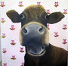 A photographic print of a happy brown cow with a  wallpapered background.  Mounted on snow white textured mount board. Actual image 6x6inches.