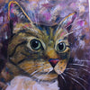 A limited edition giclee print of a tabby cat with a coloured background produced on archival fine art paper.