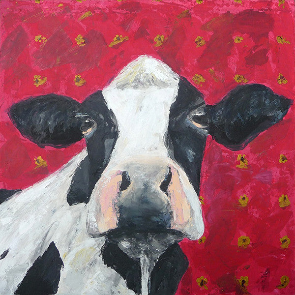 A limited edition giclee print of a Friesian cow on a dark red background with a flocked floral wallpaper effect produced on archival fine art paper. Matilda looks like she's in the drawing room of an old stately home.