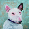 A limited edition giclee print of a white English bull terrier on a turquoise backgroun