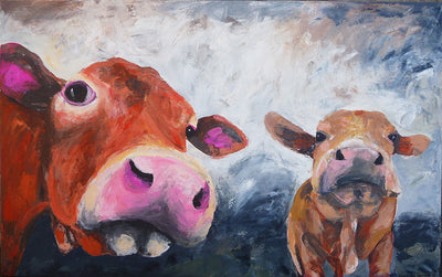 A limited edition giclee print of two cows on fine art archival paper.  A mother and calf. They both have rather comical stances and expressions.