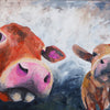 A limited edition giclee print of two cows on fine art archival paper.  A mother and calf. They both have rather comical stances and expressions.