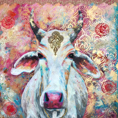 Nandi is a rescue bull from Animal Aid Unlimited in Udaipur, Rajasthan India.  I met Nandi during my visit to Animal Aid where I volunteered for a week with my daughter in March 2019. We spent a very magical week there during which time I took some photographs that formed the inspiration for this painting.