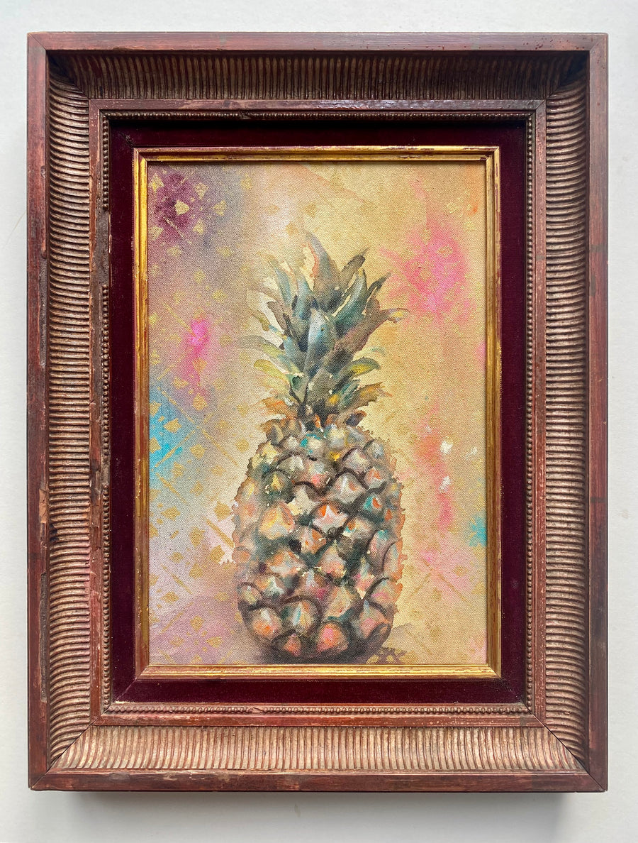 This is one of my more recent paintings created in a loser style. It's a soft piece decorated with a gold stencilled hand painted background .  Original painting on canvas in an antique (over 100 years old) wooden frame with gold highlights an da dark red velvet inlay.  Exterior frame measurements 38x45cm.