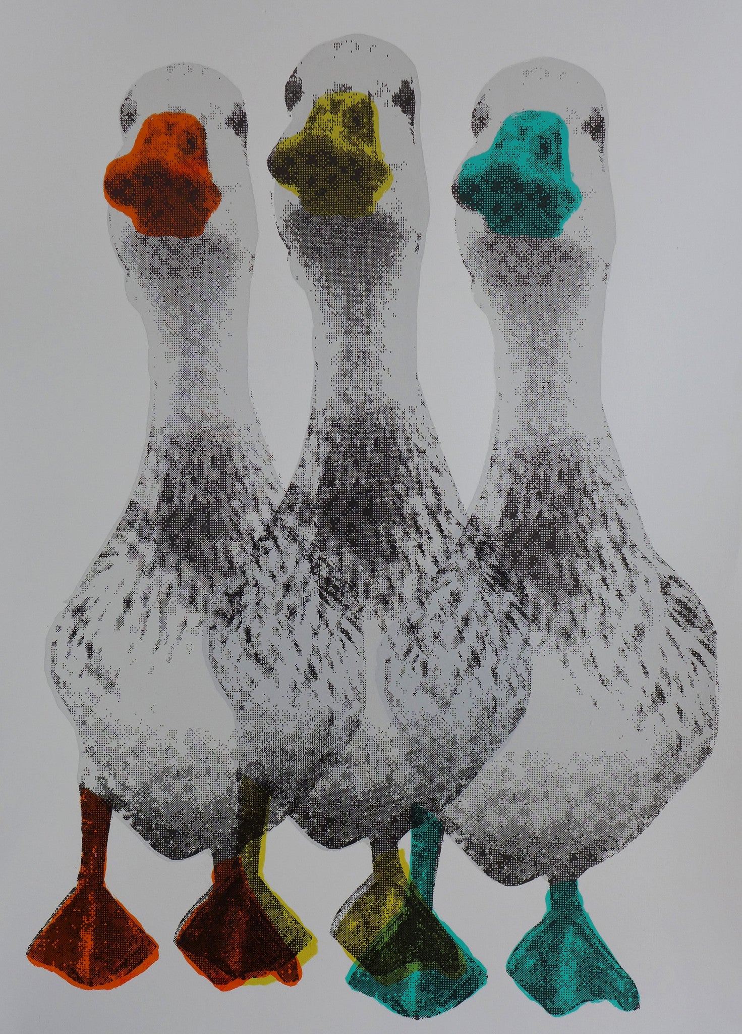 This is a unique one-off hand pulled screen print. Three waddling ducks with different coloured beaks and feet. These ones are inspired by retro colour schemes and have peppermint, mustard and dark orange beaks and feet