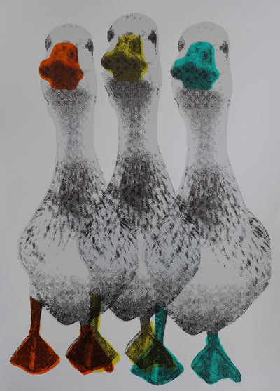 This is a unique one-off hand pulled screen print. Three waddling ducks with different coloured beaks and feet. These ones are inspired by retro colour schemes and have peppermint, mustard and dark orange beaks and feet