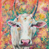 This is a painting of a beautiful white cow with a mirrored bindi on a very colourful vibrant background with a striking gold print. It has been named after my dear friend Poonam.