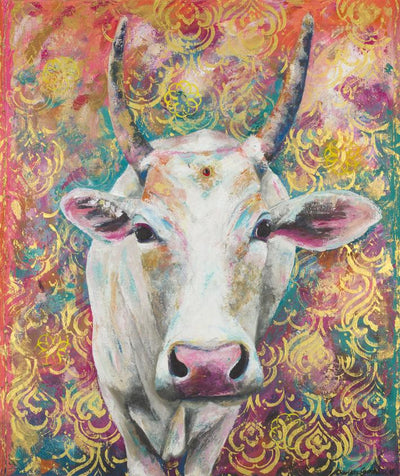 This is a painting of a beautiful white cow with a mirrored bindi on a very colourful vibrant background with a striking gold print. It has been named after my dear friend Poonam.