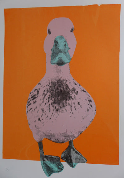 This is a unique one-off hand pulled screen print.  Retro duck has a peppermint green beak and feet and is sitting on a bright orange background. There is also a blue beak and feet option.