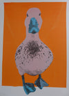 This is a unique one-off hand pulled screen print.  Retro duck has a peppermint green beak and feet and is sitting on a bright orange background. There is also a blue beak and feet option.