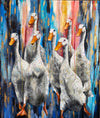 Return of the Seven is a painting inspired by my new found love of painting white Indian runner ducks on the move. I'm also very engaged by indigo blue which is a predominant colour throughout my new works. Original Painting 140w x160h cm.