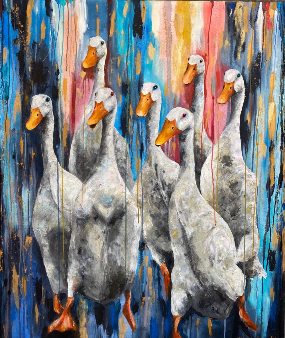 Return of the Seven is a painting inspired by my new found love of painting white Indian runner ducks on the move. I'm also very engaged by indigo blue which is a predominant colour throughout my new works. Original Painting 140w x160h cm.