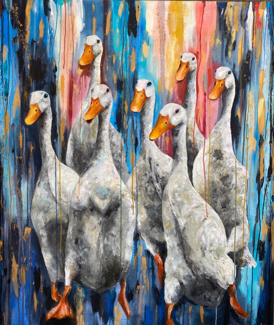 Return of the Seven is a painting inspired by my new found love of painting white Indian runner ducks on the move. I'm also very engaged by indigo blue which is a predominant colour throughout my new works. Original Painting 140w x160h cm.