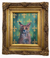 Sly Foxy is original painting on canvas in a vintage gold frame.  I have imagined him in a drawing room with a vintage flock wallpaper which has been hand painted.   Exterior frame measurements 39x34cm.