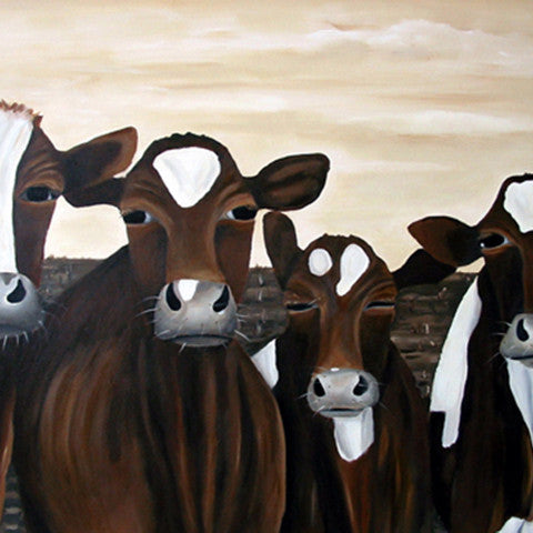 A photographic print of a 4 brown cows in a sepia setting.  Mounted on snow white textured mount board. Actual image 6x8inches.