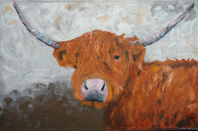This is a limited edition giclee print of a very loveable, shaggy highland cow. This image depicts a beautiful cow with a very relaxed pose. The colours used are the classic archetypal browns of a highland cow. Not even the Scottish weather bothers Truman.