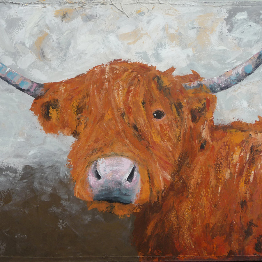 This is a limited edition giclee print of a very loveable, shaggy highland cow. This image depicts a beautiful cow with a very relaxed pose. The colours used are the classic archetypal browns of a highland cow. Not even the Scottish weather bothers Truman.