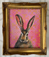 Uncle features an Indian hare painted on a hand stencilled pink and gold background.  This piece was created in India during my recent visit (March 2022)   Vintage gold frame   Exterior frame measurements 26x31cm.